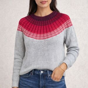 Marine Layer Fair Isle Sweater Cozy Nordic Knit Gray Red Crewneck M